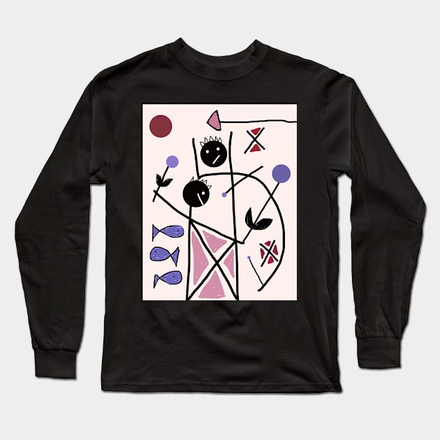 Kids and 3 Fish Stick Figure Long Sleeve T-Shirt by Eigo Wild